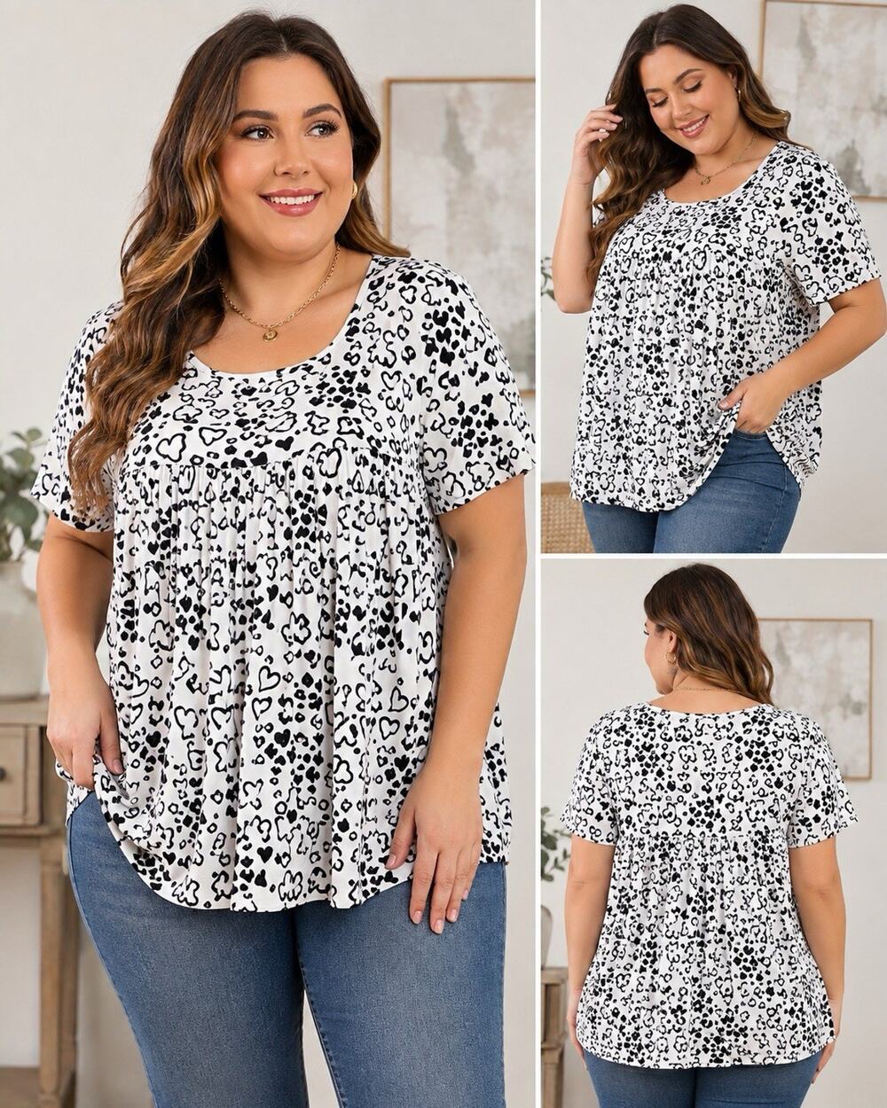 NWT Fantaslook Heart Print Babydoll Top 3XL Black White Short Sleeve Stretch